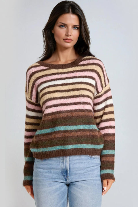 Pink Wool Blend Striped Knitted Jumper by Aftershock London
