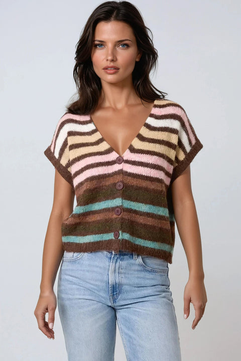 Pink Striped Knitted Vest Cardigan by Aftershock London