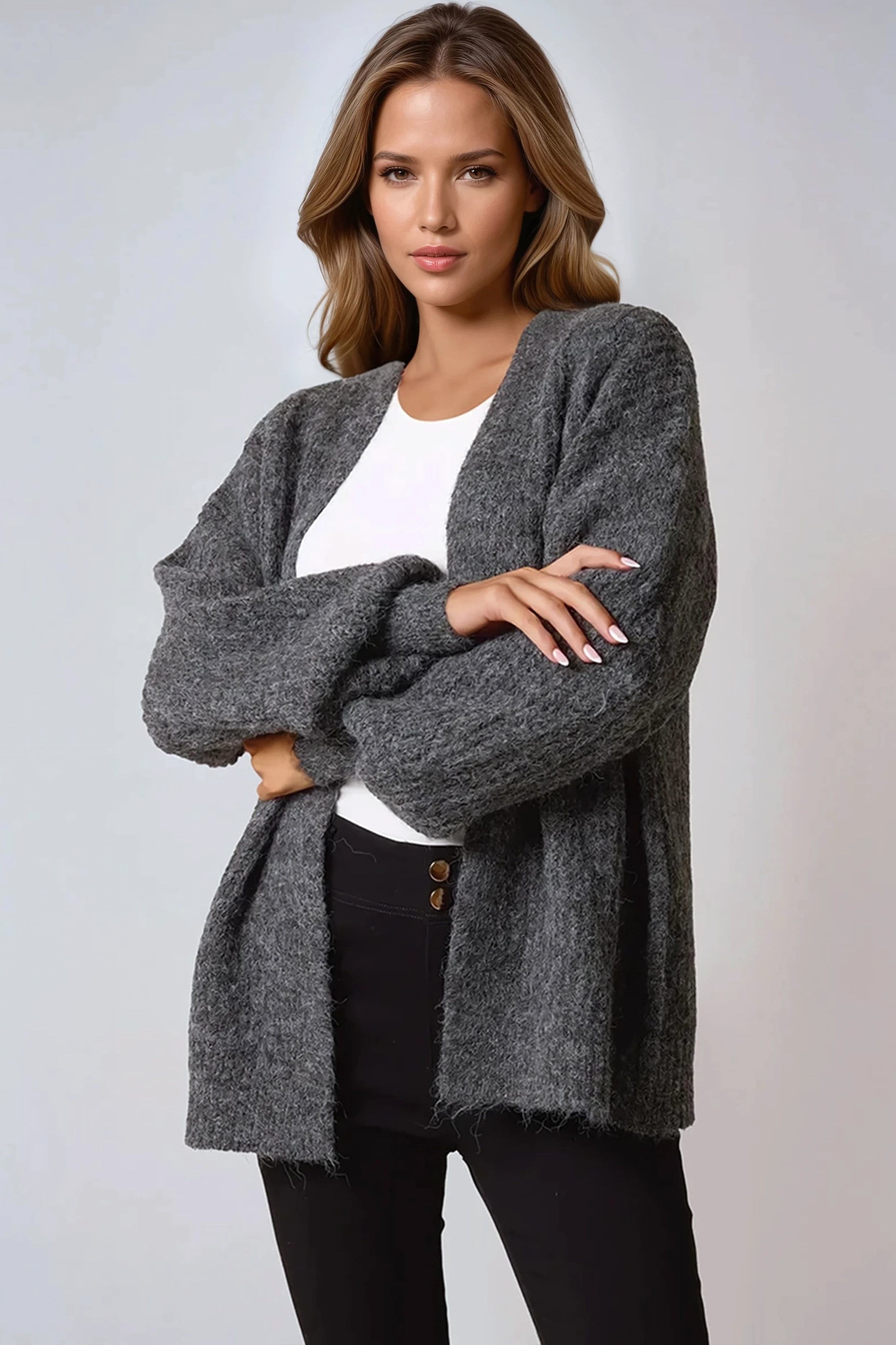 Charcoal Wool Blend Balloon Sleeve Knitted Cardigan ALNL258513213
