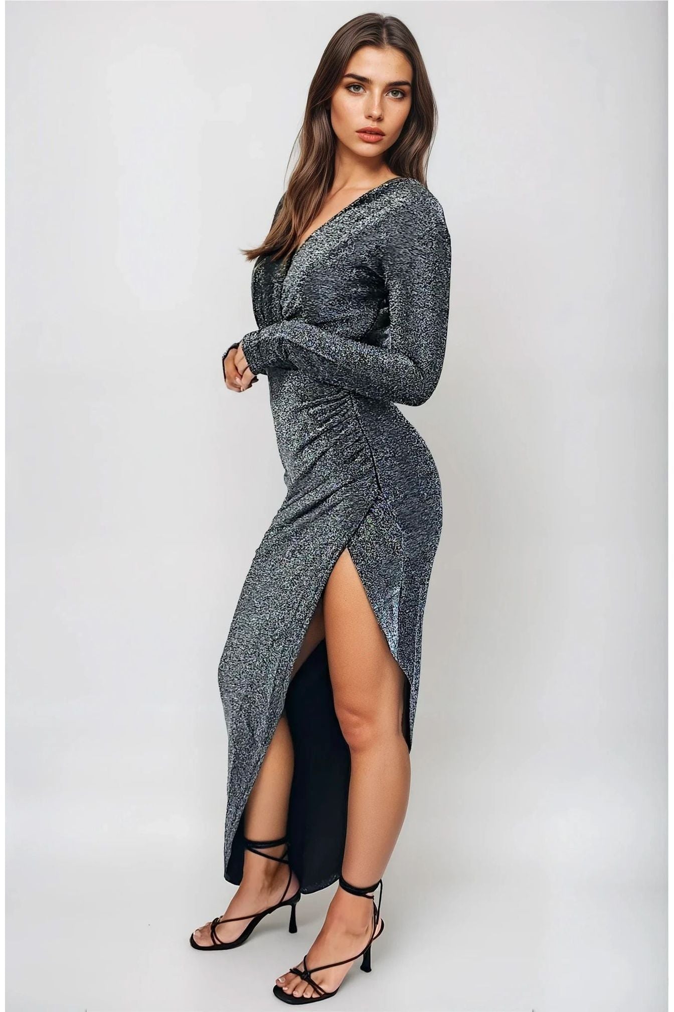 Silver Lurex Wrap Maxi Dress DEMI