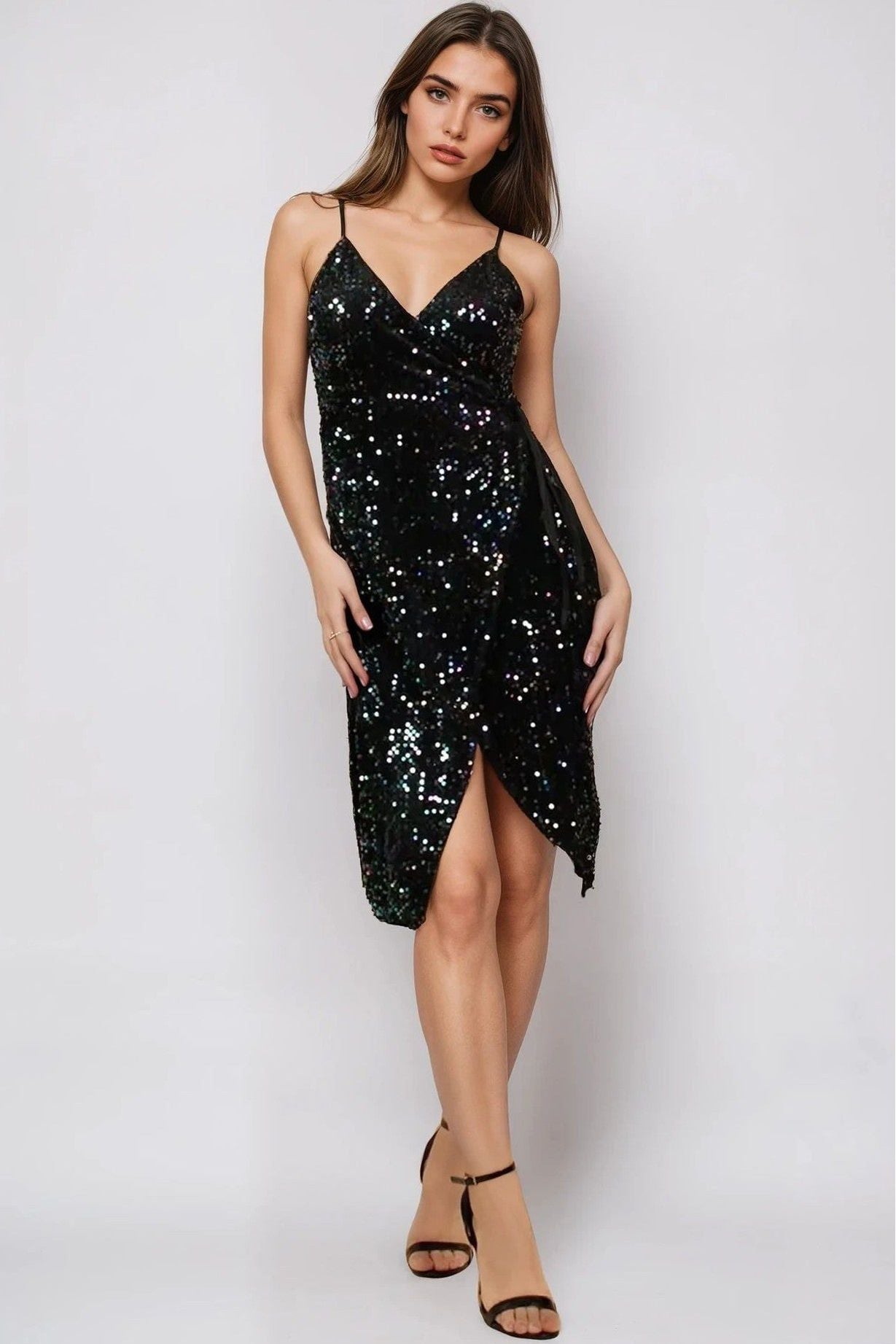 Black Sequin Velvet Mini Wrap Dress CHARLIZE