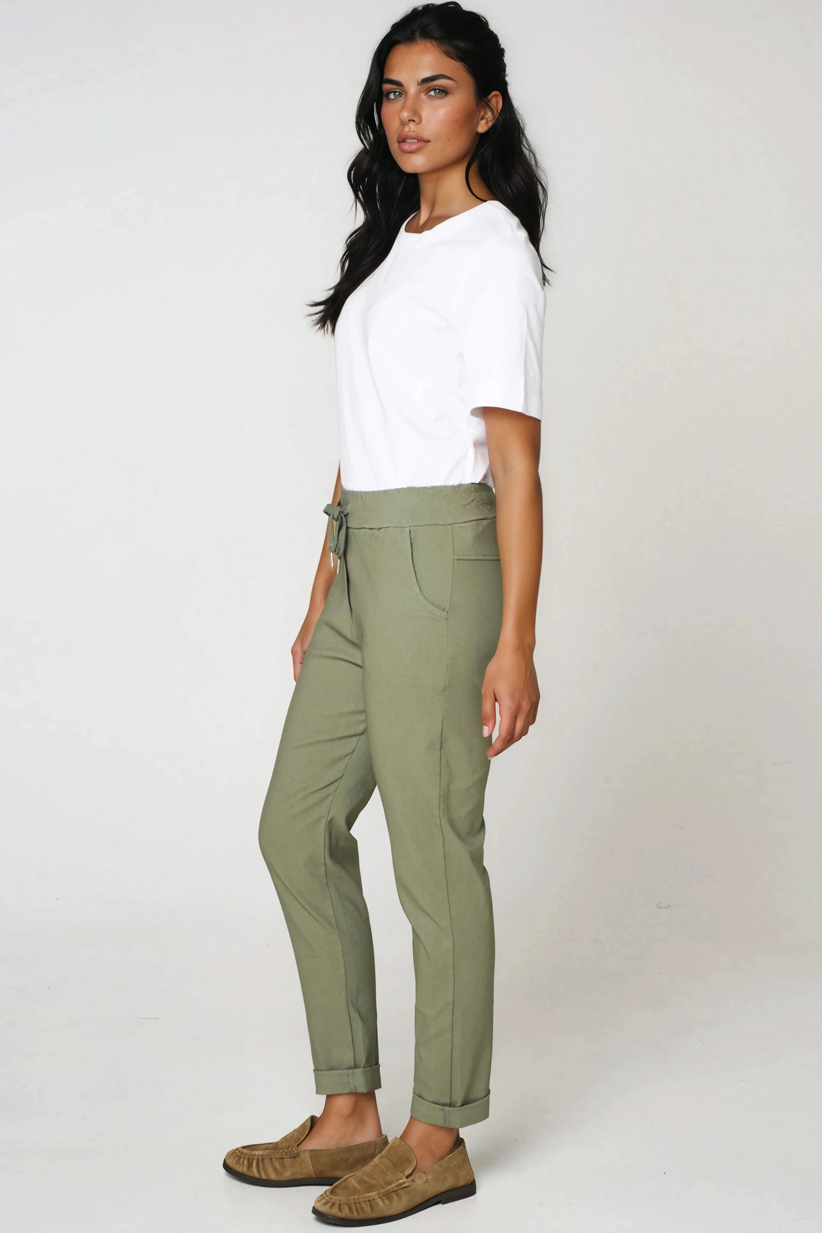 Khaki Stretch Drawstring Trousers ALGL2245