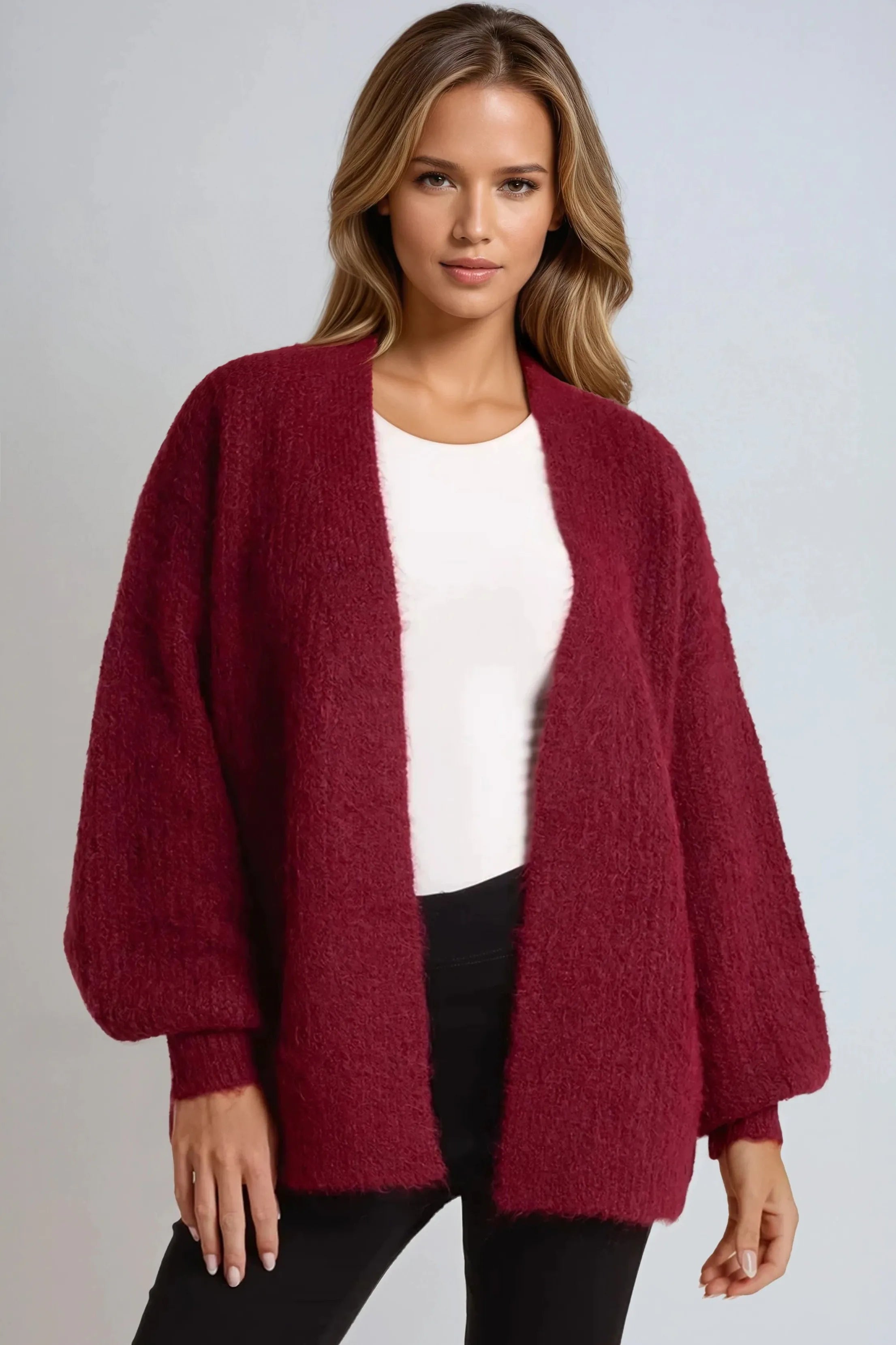 Wine Wool Blend Balloon Sleeve Knitted Cardigan ALNL258513029