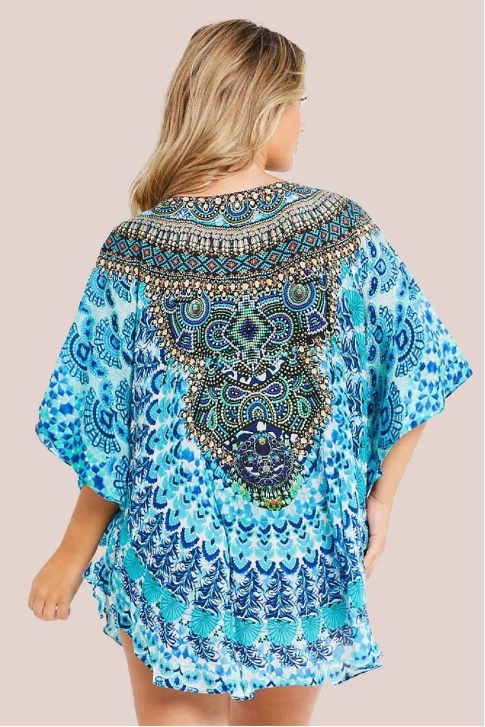 Aqua Blue Short Beach Dress Kaftan AL2447