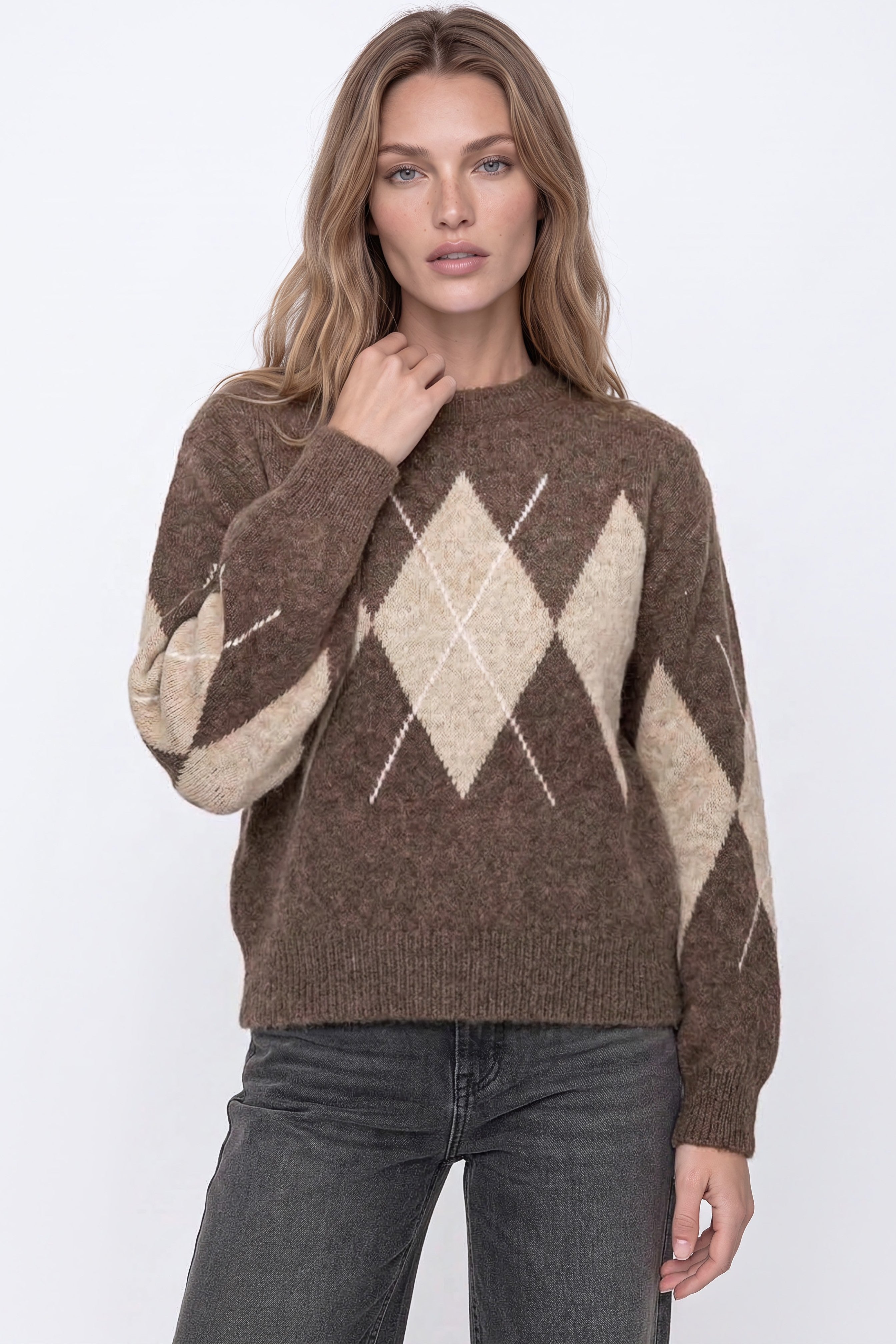 Brown Argyle Pattern Wool Blend Knit Jumper ALWF5844NV030