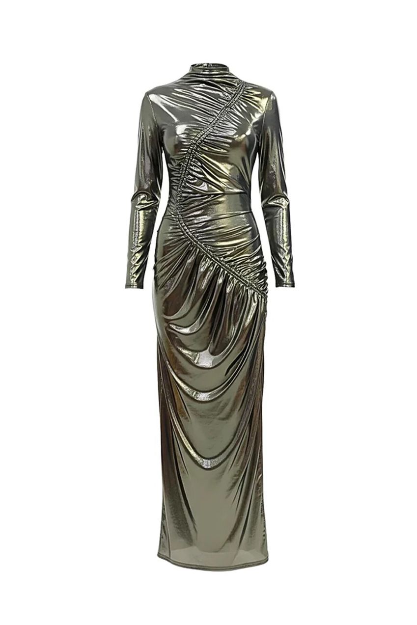 Black Gold Venechia Foil Deep Tail Gathered Maxi Dress AV-NDR1413BG