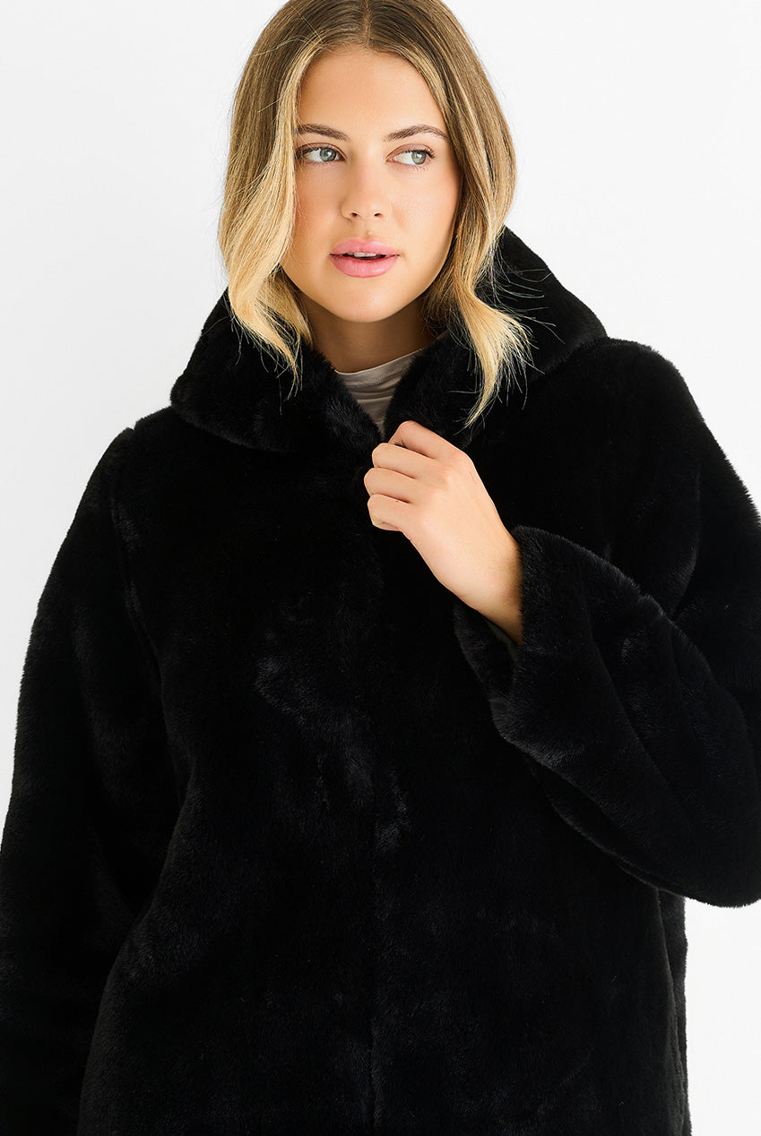 Black Hooded Long Sleeve Faux Fur Jacket B6159B001