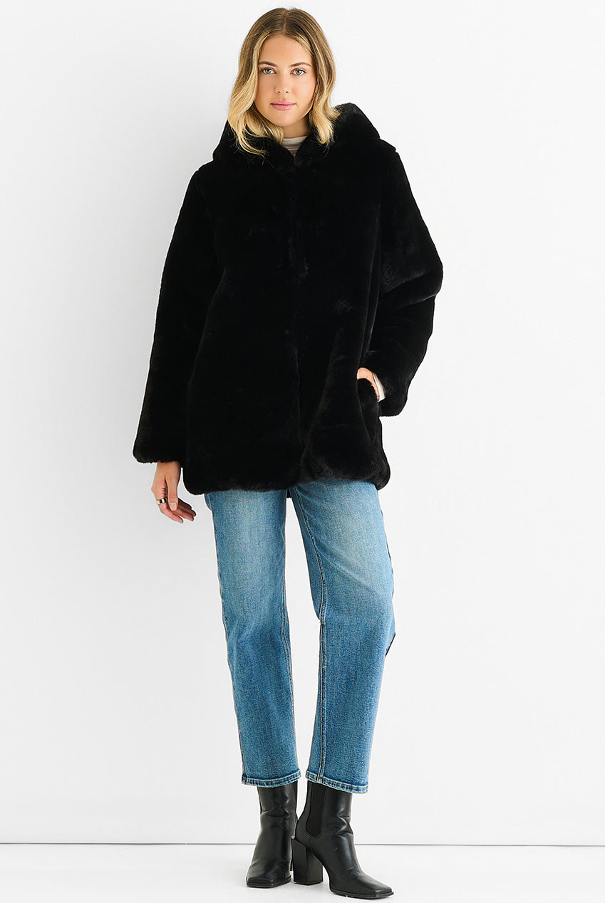 Black Hooded Long Sleeve Faux Fur Jacket B6159B001