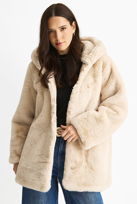 Stone Hooded Long Sleeve Faux Fur Jacket by Gini London