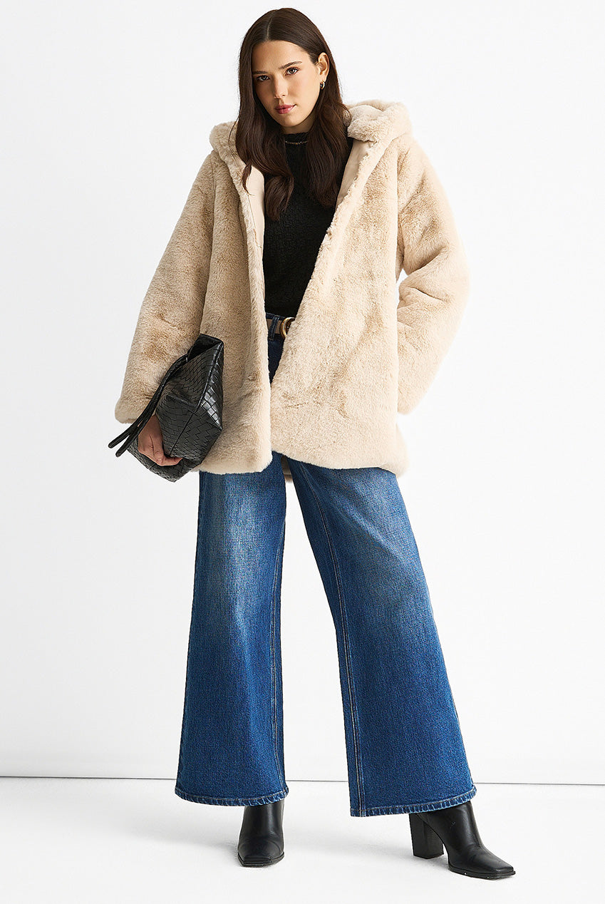 Stone Hooded Long Sleeve Faux Fur Jacket B6159B004
