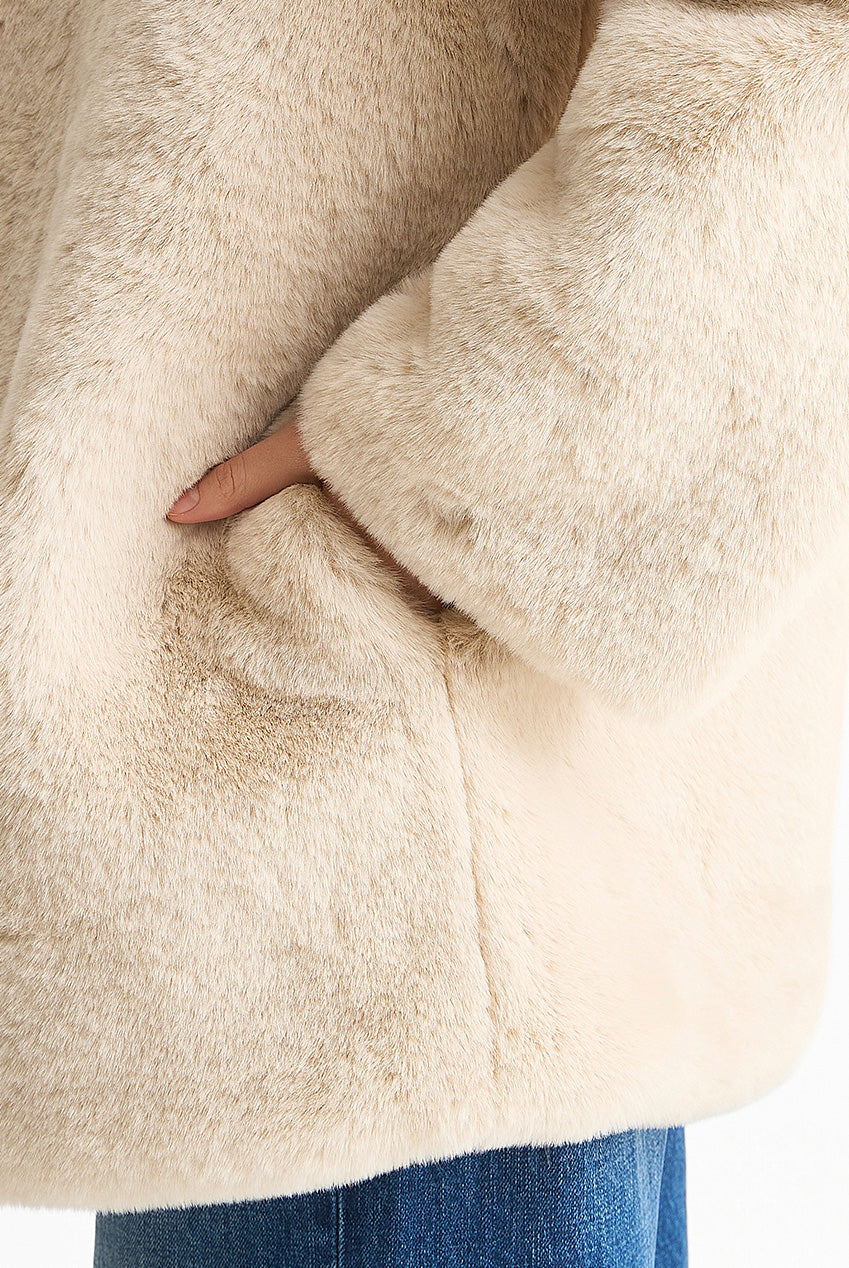 Stone Hooded Long Sleeve Faux Fur Jacket B6159B004