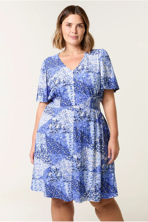Curve Shirred Waist Button Mini Dress by Blue Vanilla