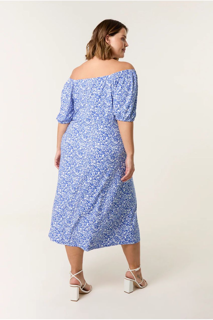 Curve Ditsy Print Milkmaid Stretch Crepe Midi Dress BC257709067A