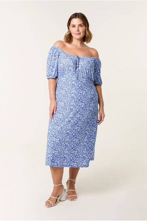Curve Ditsy Print Milkmaid Stretch Crepe Midi Dress by Blue Vanilla