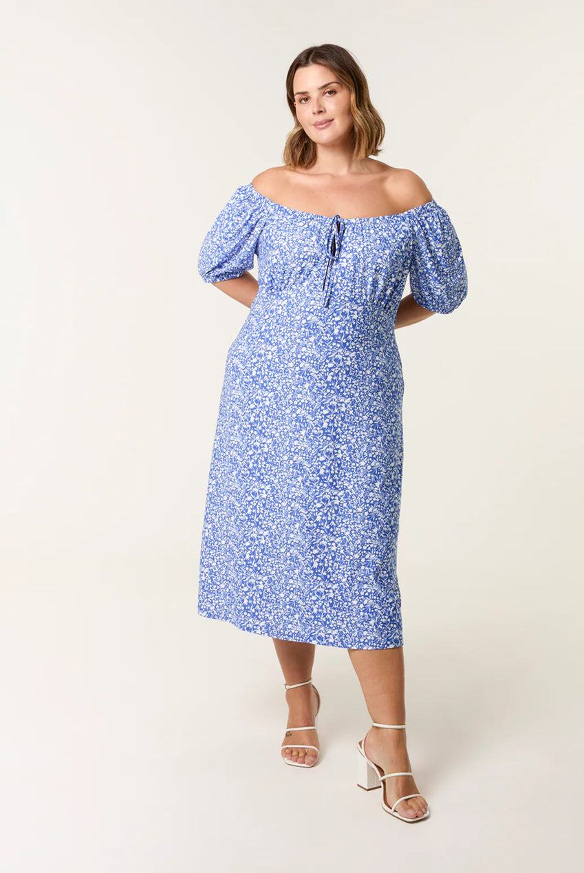 Curve Ditsy Print Milkmaid Stretch Crepe Midi Dress BC257709067A