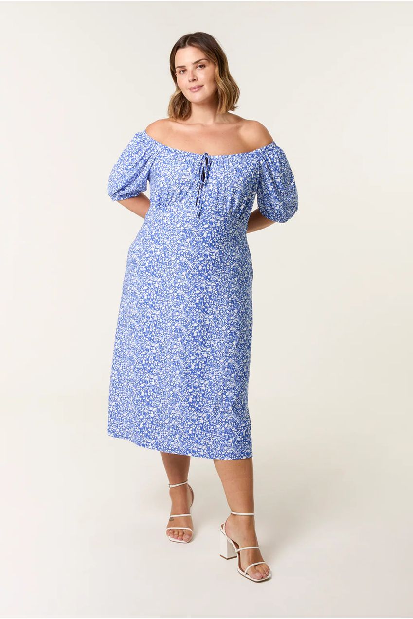 Curve Ditsy Print Milkmaid Stretch Crepe Midi Dress BC257709067A