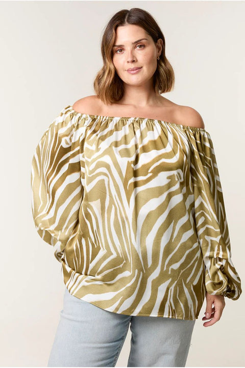 Curve Zebra Satin Ruched Bardot Top by Blue Vanilla