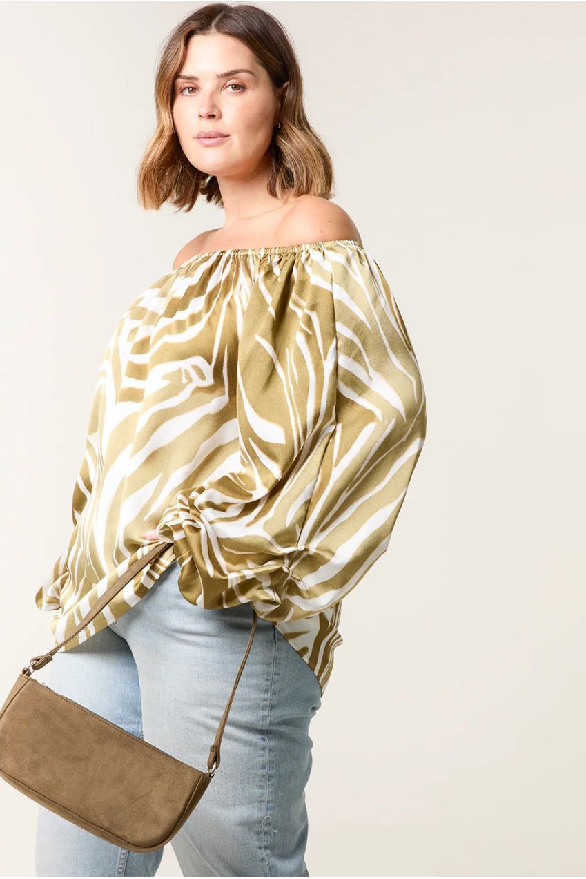Curve Zebra Satin Ruched Bardot Top BC257715056A