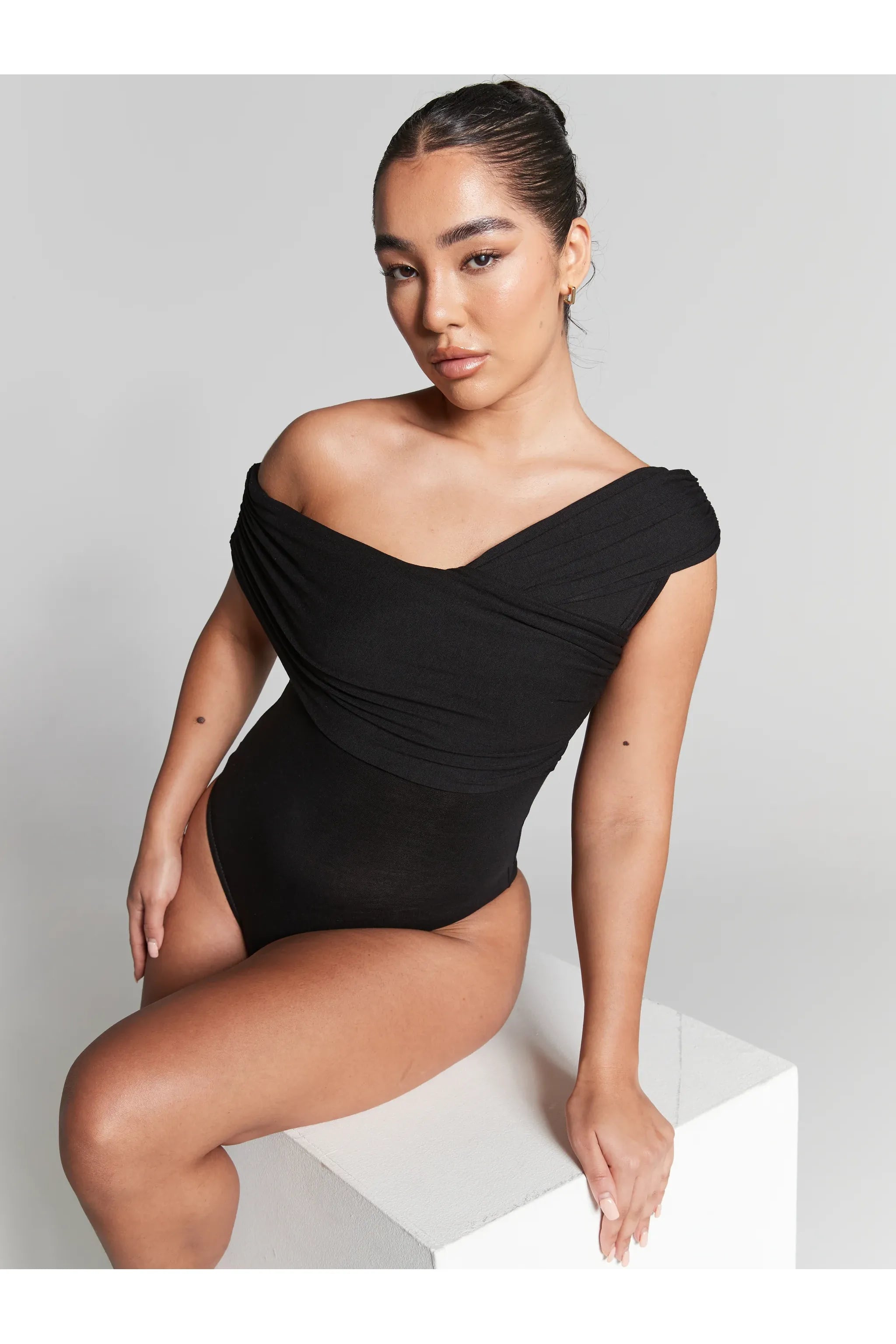 Rhea Black Pleated Bardot Bodysuit INF20284