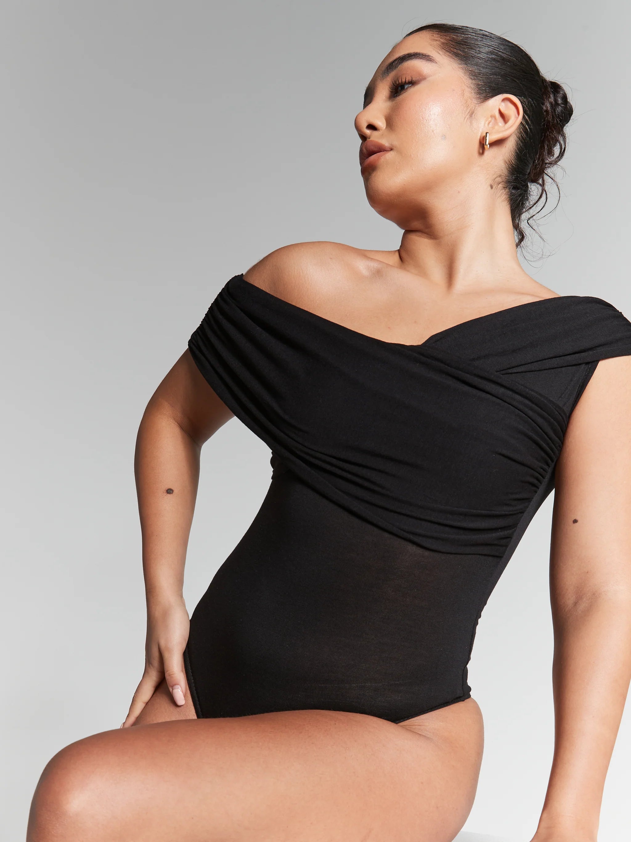Rhea Black Pleated Bardot Bodysuit INF20284