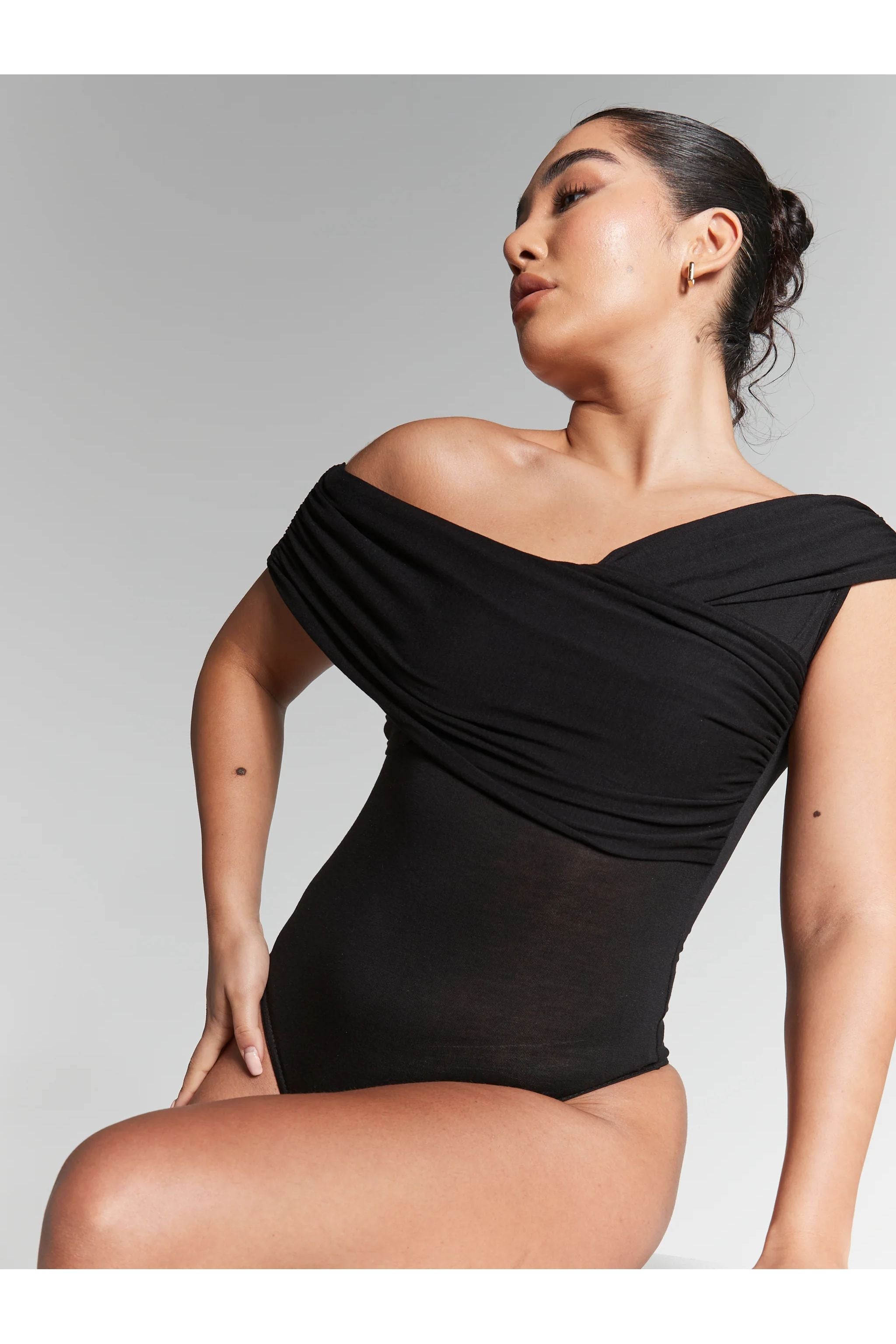 Rhea Black Pleated Bardot Bodysuit INF20284