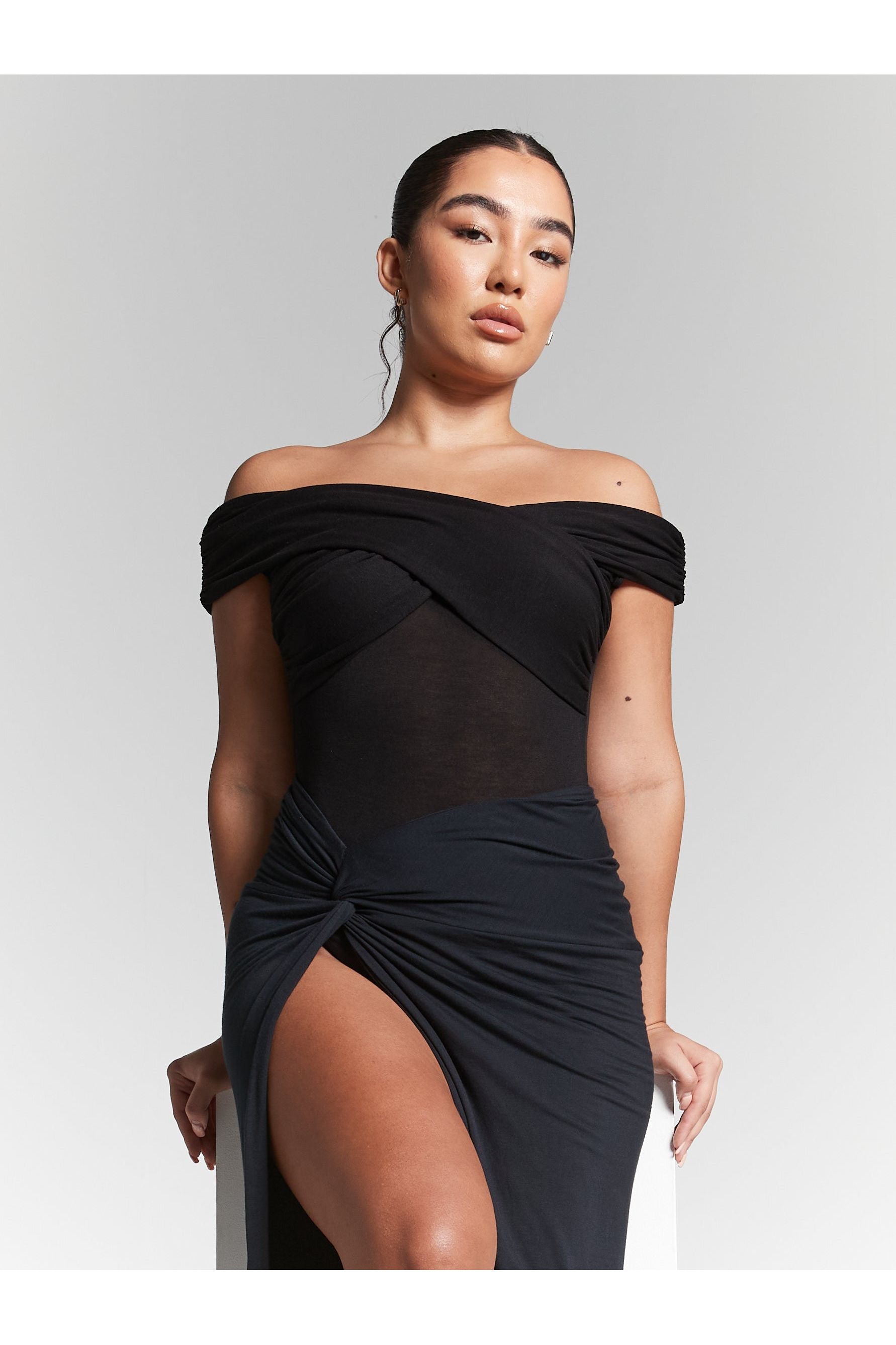 Rhea Black Pleated Bardot Bodysuit INF20284