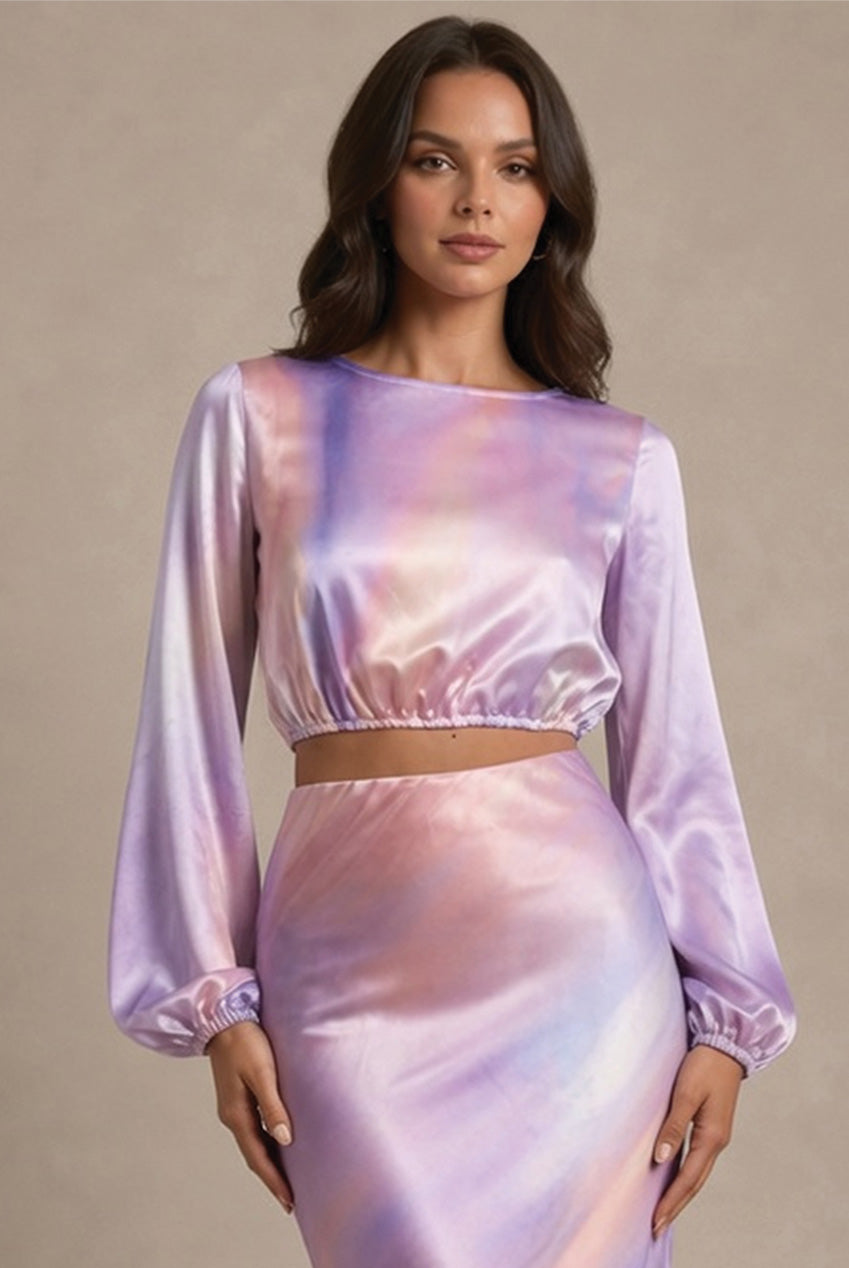 Balloon Sleeve Satin Ombre Crop Top In Multi BN0643TMU