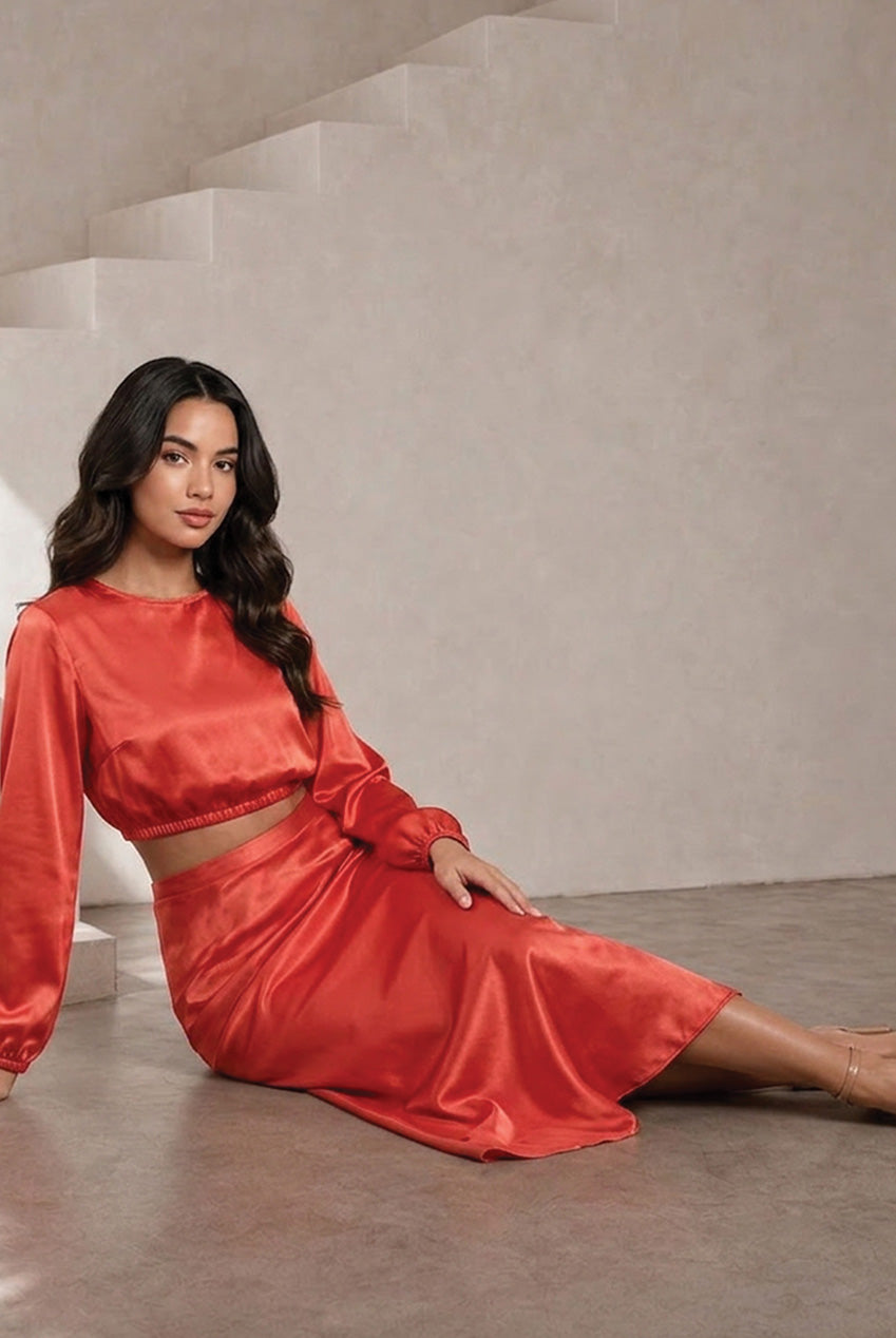 Satin Midi Slip Skirt In Red BN1566SKRE