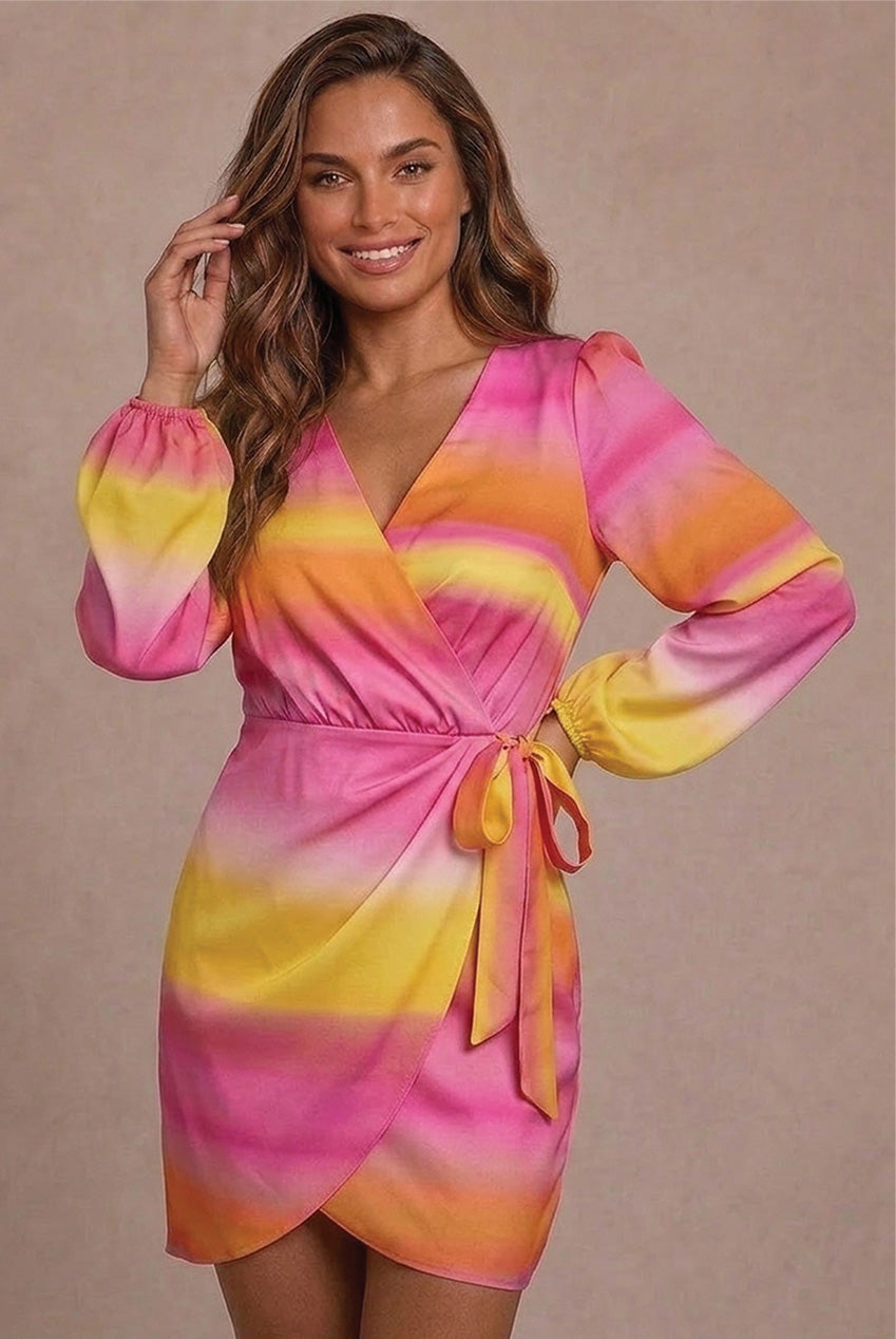 Long Sleeve Satin Ombre Wrap Mini Dress In Multi BN1433MU