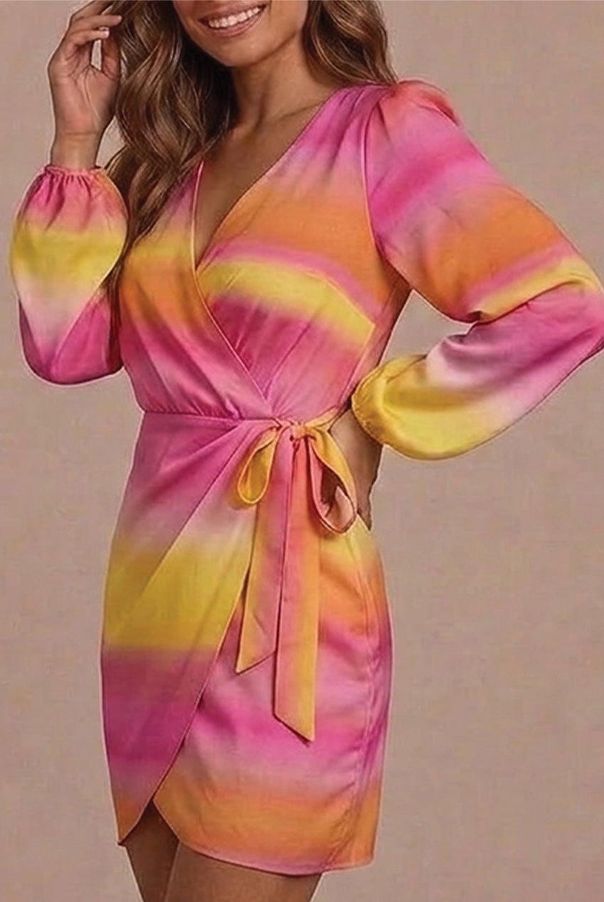 Long Sleeve Satin Ombre Wrap Mini Dress In Multi BN1433MU