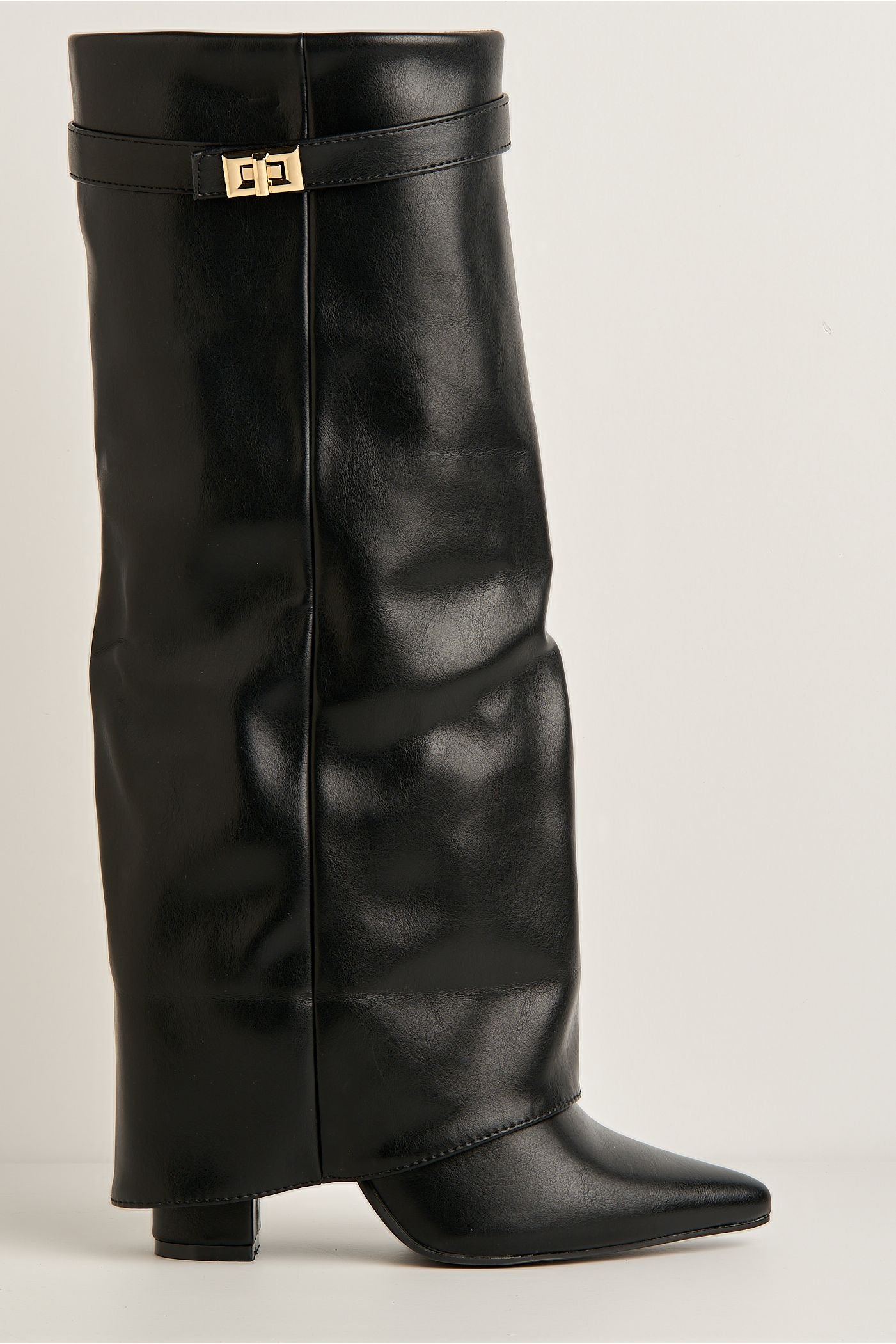 Ayla Block Heel Pointy Toe Gold Trim Buckle Collar Covered Calfboots In Black Matt BAILEYS14-BLKMT
