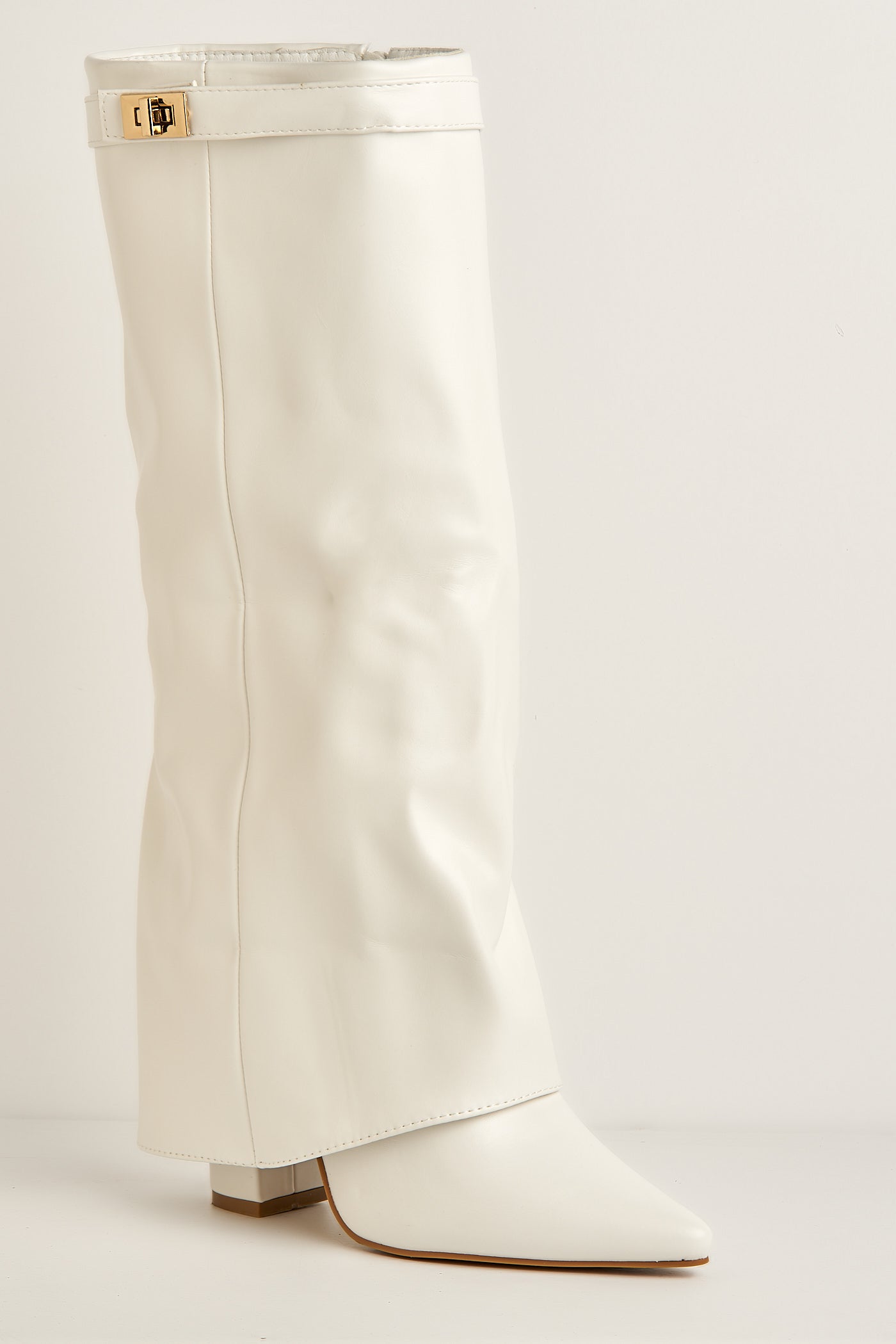 Ayla Block Heel Pointy Toe Gold Trim Buckle Collar Covered Calfboots In White Matt BAILEYS14-WHTMT