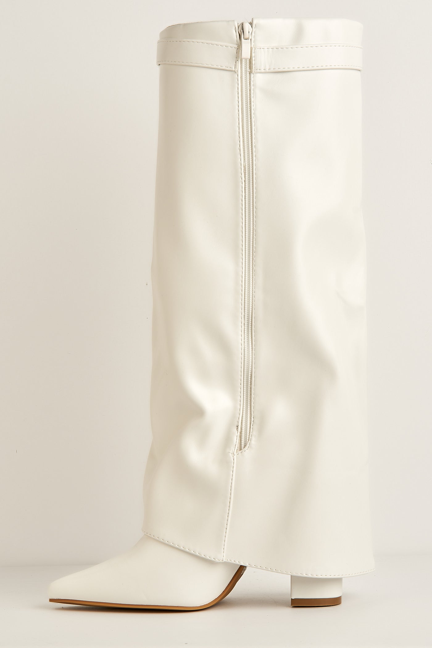 Ayla Block Heel Pointy Toe Gold Trim Buckle Collar Covered Calfboots In White Matt BAILEYS14-WHTMT