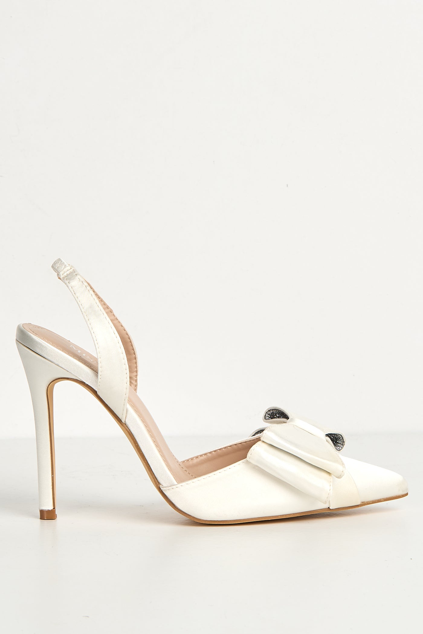 Salwa Pointy Toe Bow Slingback Court Shoes In White Satin FURY1-WHTST