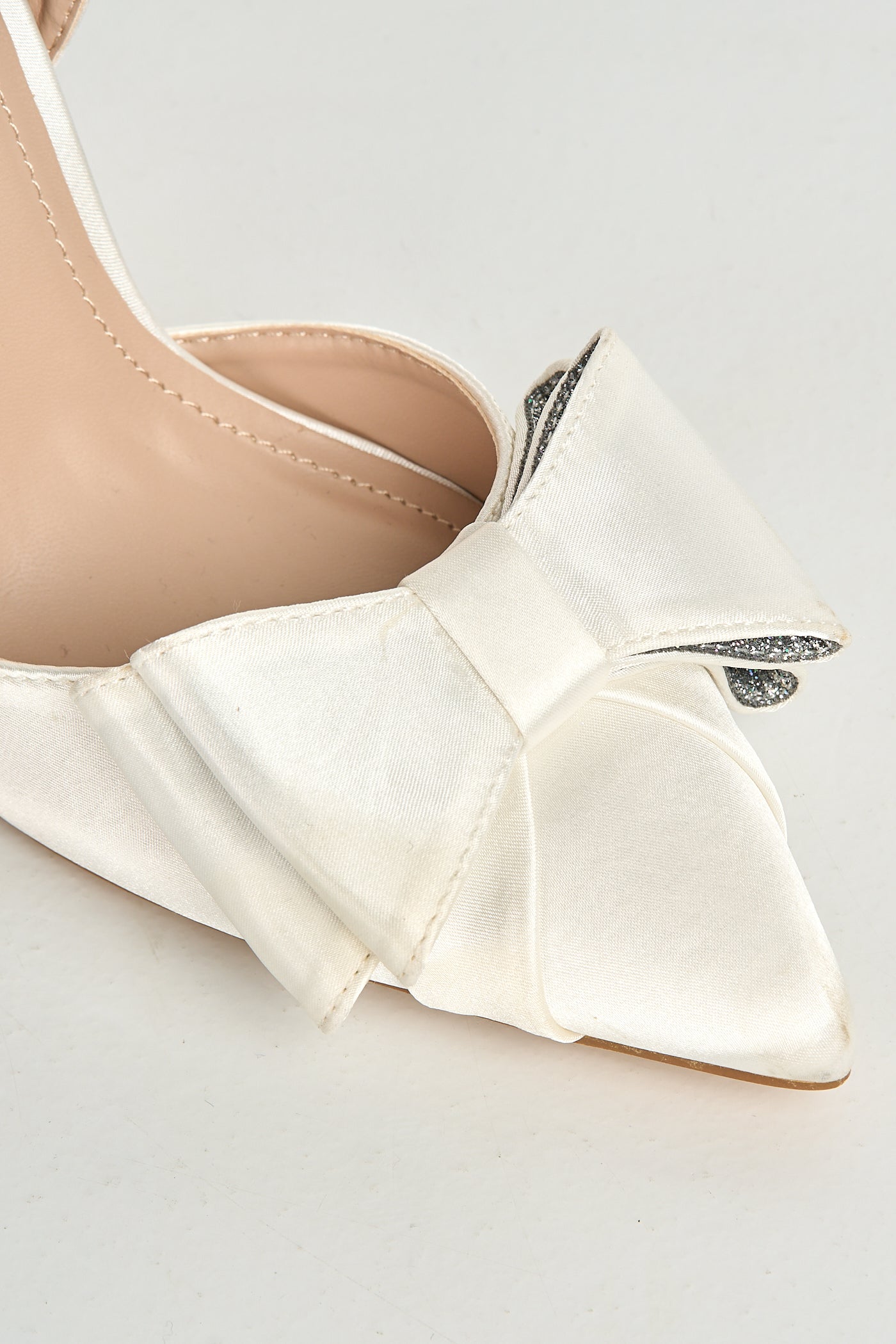Salwa Pointy Toe Bow Slingback Court Shoes In White Satin FURY1-WHTST