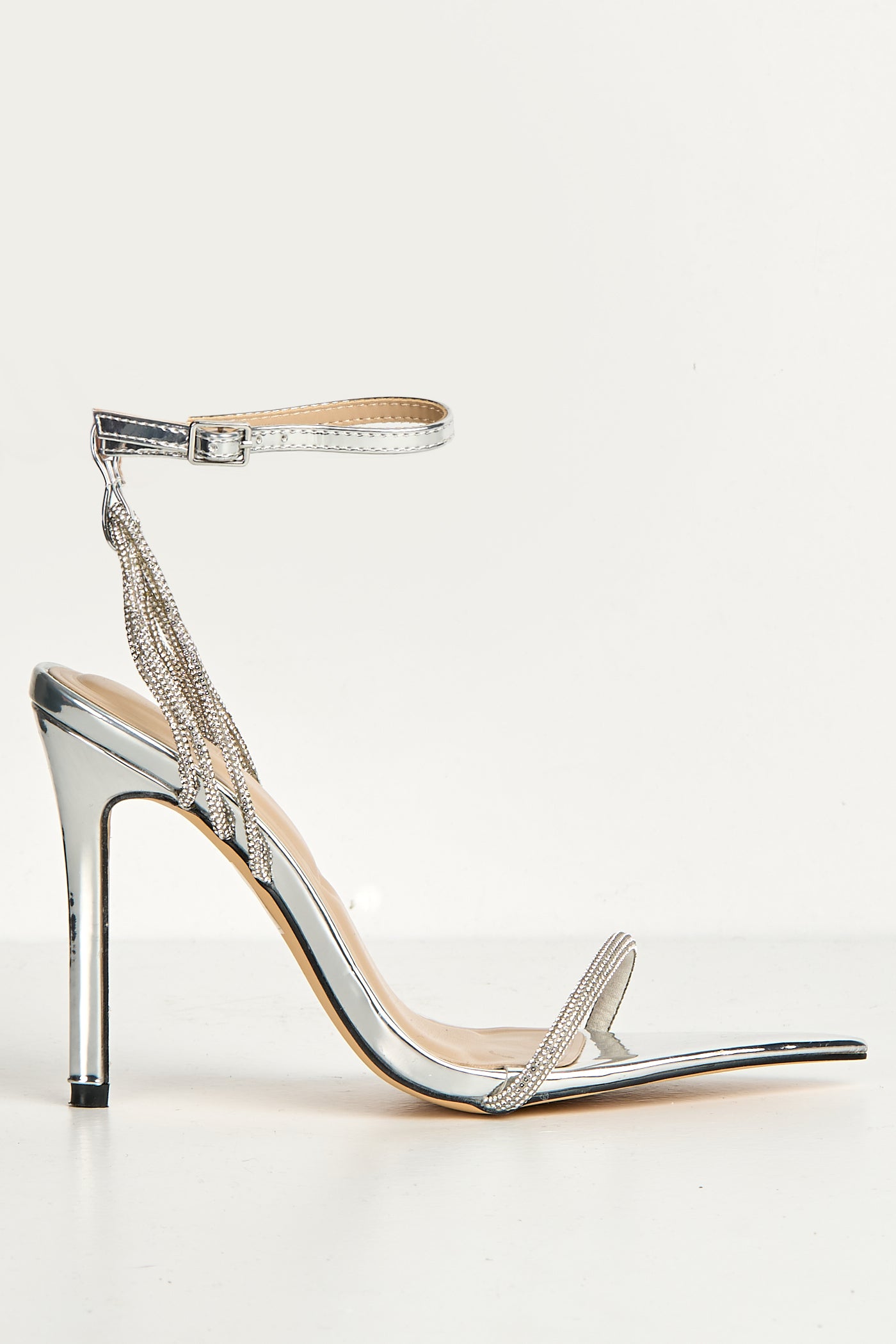 Vela Pointy Toe 3 Diamante Strap Heeled Sandals In Silver FURY10-SVR