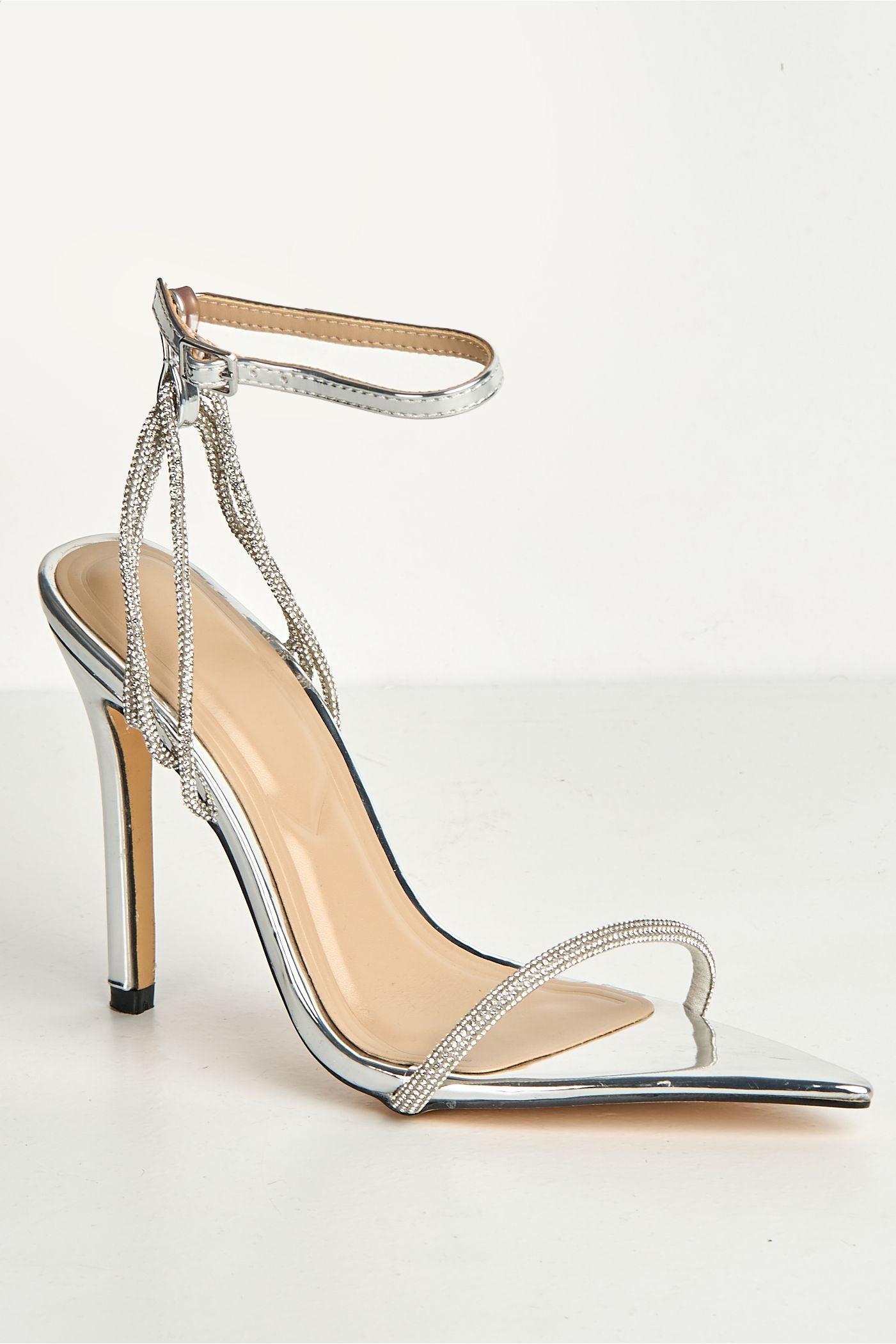 Vela Pointy Toe 3 Diamante Strap Heeled Sandals In Silver FURY10-SVR
