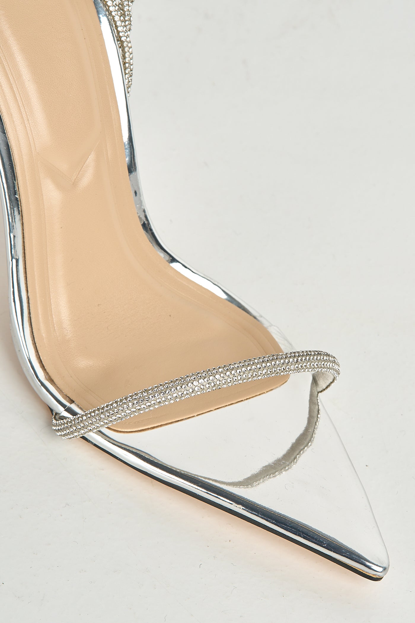 Vela Pointy Toe 3 Diamante Strap Heeled Sandals In Silver FURY10-SVR