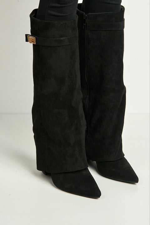 Ayla Block Heel Pointy Toe Gold Trim Buckle Collar Covered Calfboots In Black Suede by Miss Diva