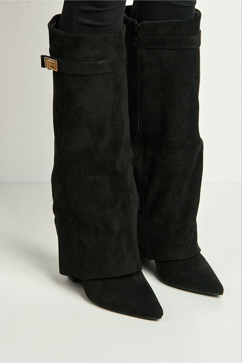 Ayla Block Heel Pointy Toe Gold Trim Buckle Collar Covered Calfboots In Black Suede by Miss Diva