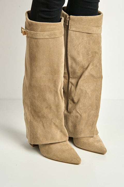 Ayla Block Heel Pointy Toe Gold Trim Buckle Collar Covered Calfboots In Taupe Suede by Miss Diva