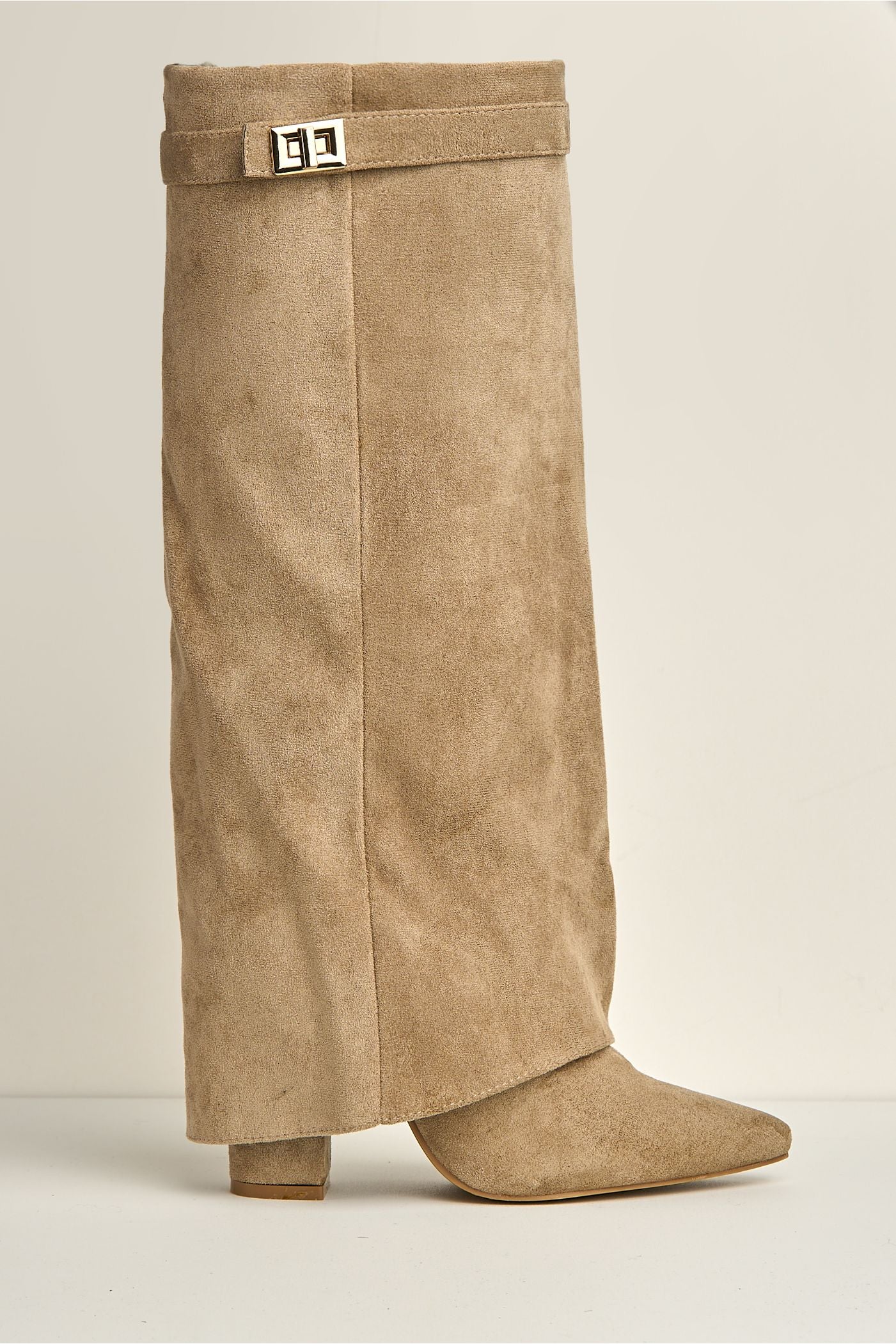 Ayla Block Heel Pointy Toe Gold Trim Buckle Collar Covered Calfboots In Taupe Suede BAILEYS14-TAUSU