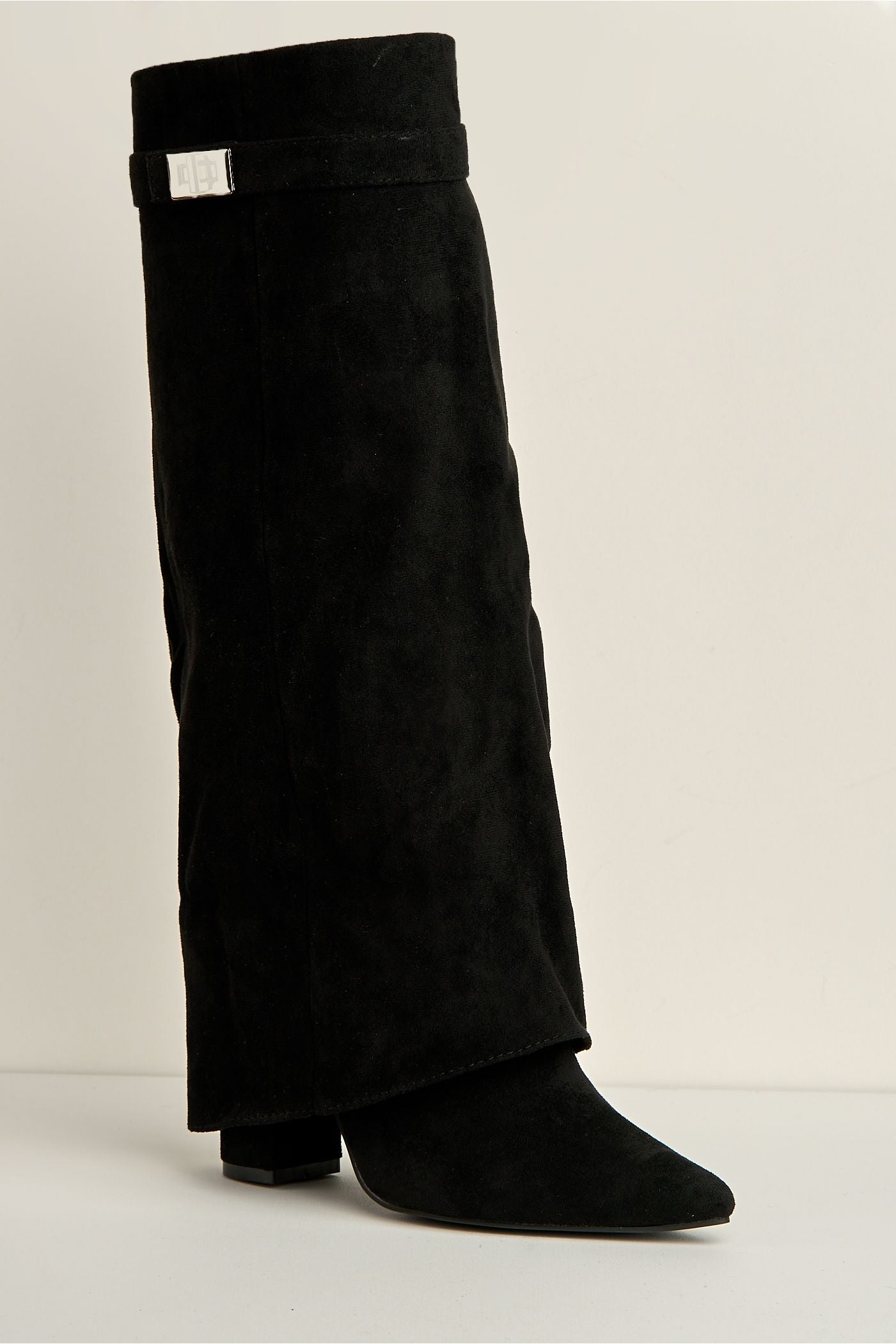 Ayla Block Heel Pointy Toe Gold Trim Buckle Collar Covered Calfboots In Black Suede BAILEYS14-BLKSU