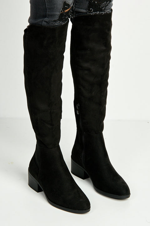 Lira Elastic Back Gusset Low Heel Calf Boots In Black Suede by Miss Diva