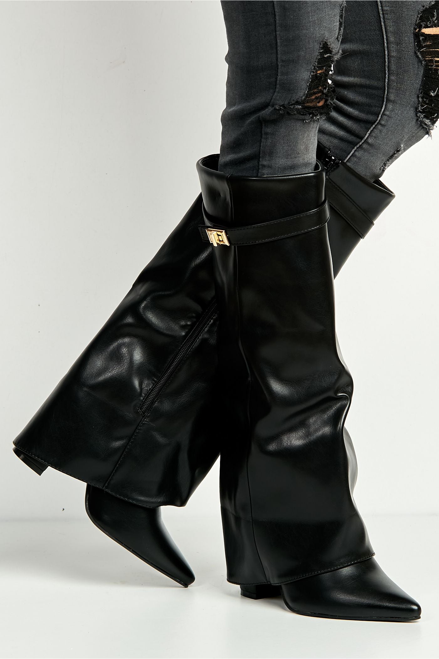 Ayla Block Heel Pointy Toe Gold Trim Buckle Collar Covered Calfboots In Black Matt BAILEYS14-BLKMT