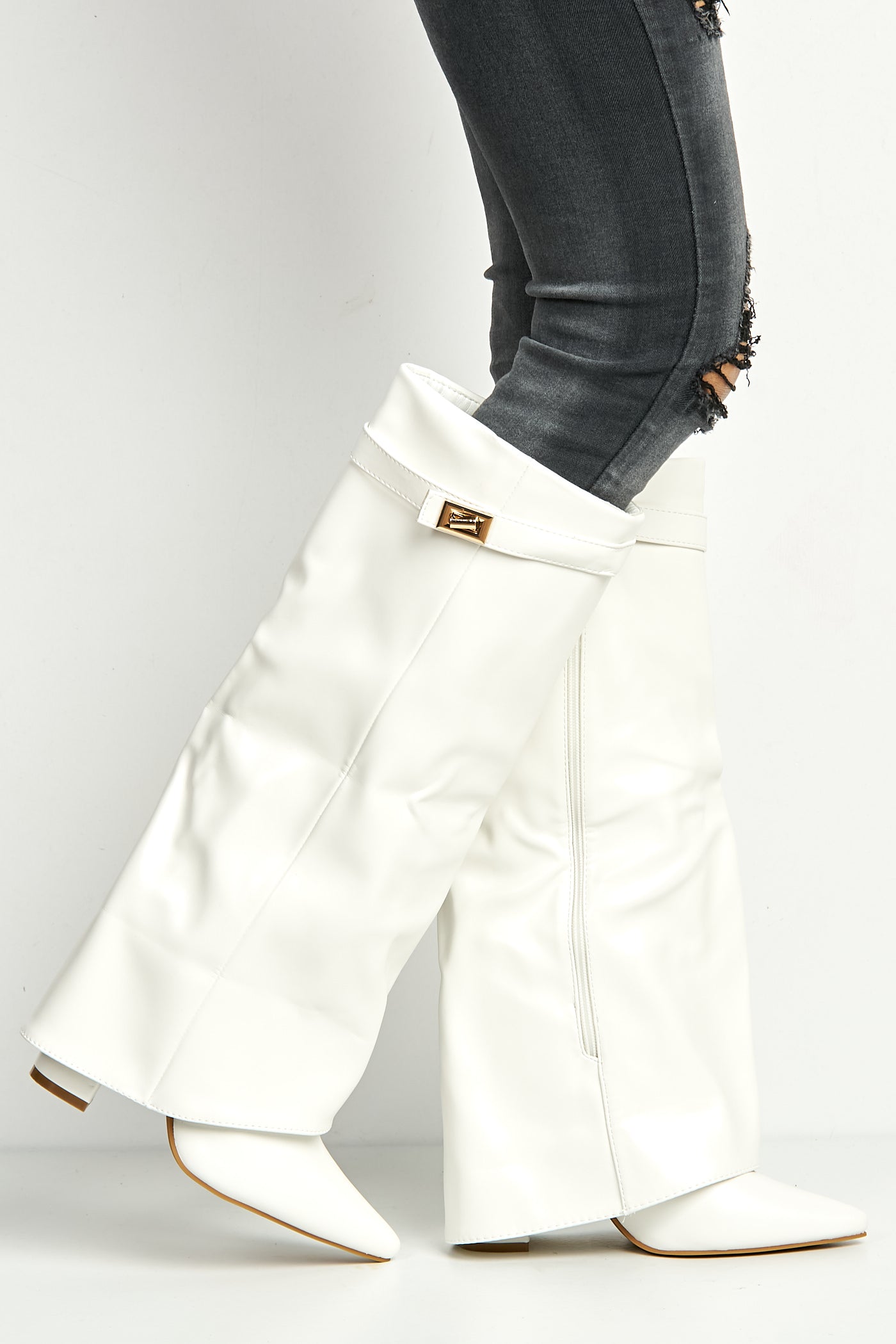 Ayla Block Heel Pointy Toe Gold Trim Buckle Collar Covered Calfboots In White Matt BAILEYS14-WHTMT