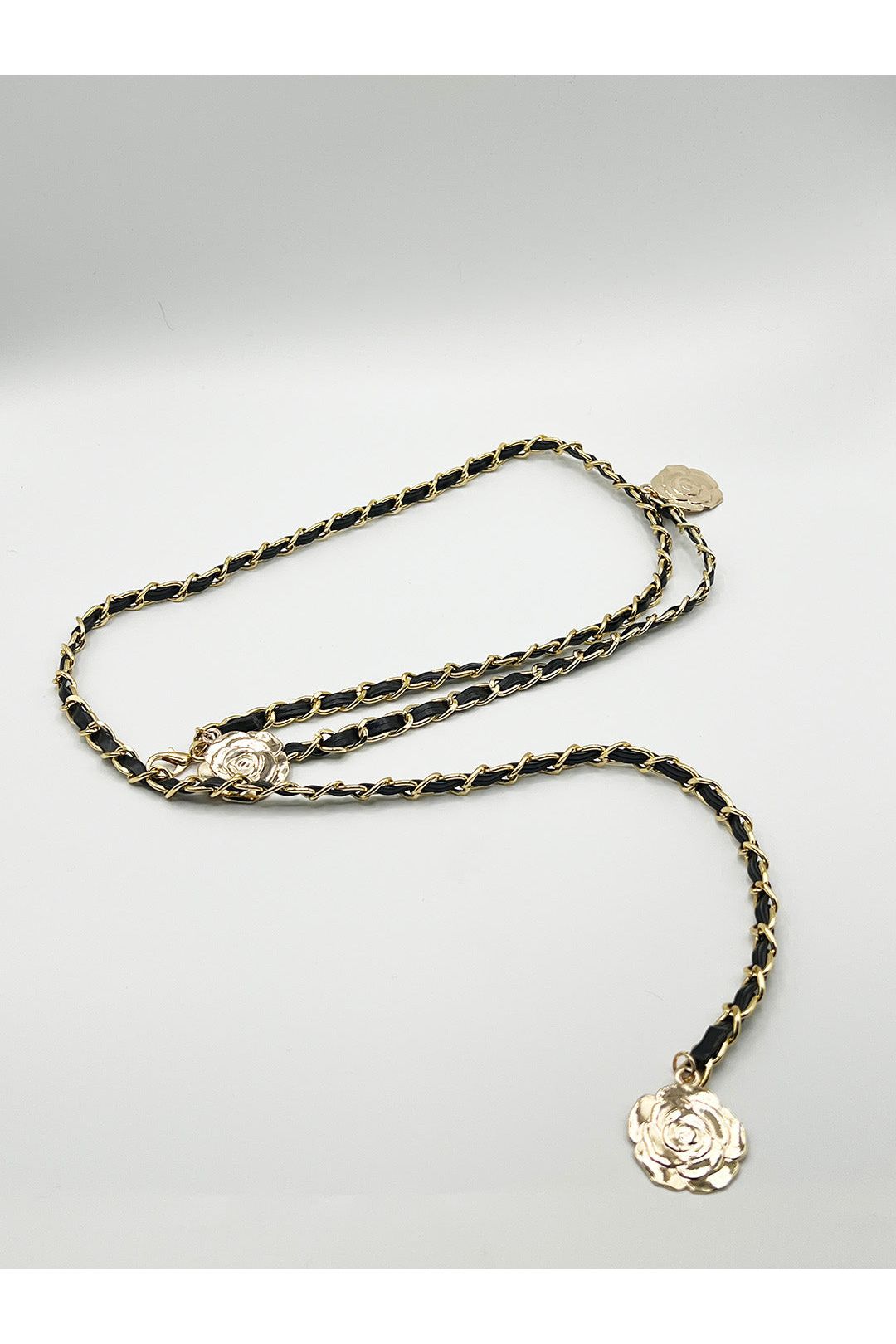 Rose Chain Faux Leather Belt In Black Gold BT410702