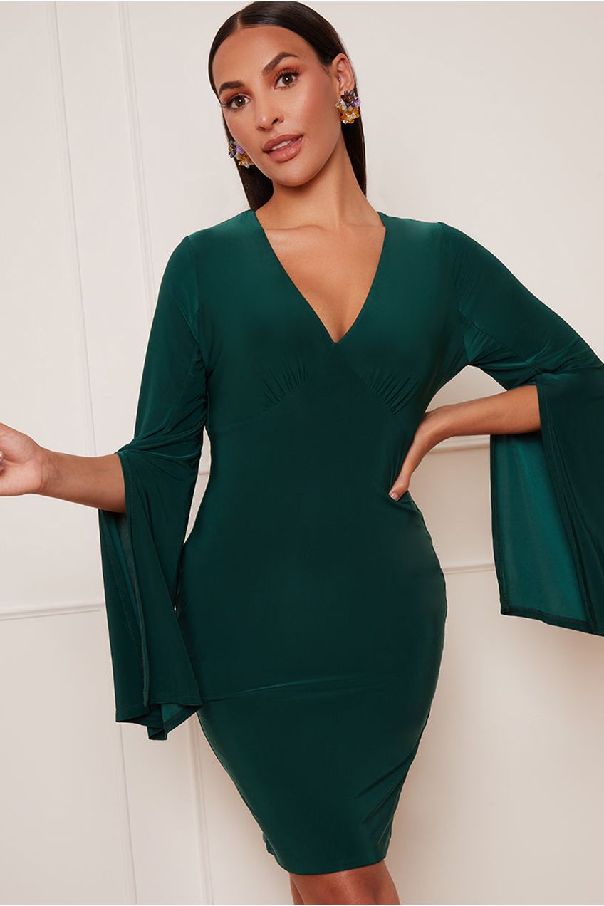 V Neck Split Sleeve Bodycon Mini Dress In Green BU5558GN