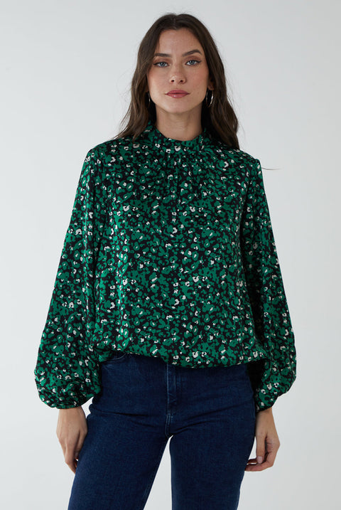 High Neck Leopard Print Satin Blouson Top by Blue Vanilla