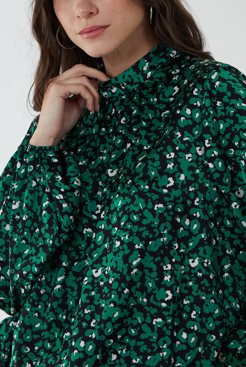 High Neck Leopard Print Satin Blouson Top BV222407023